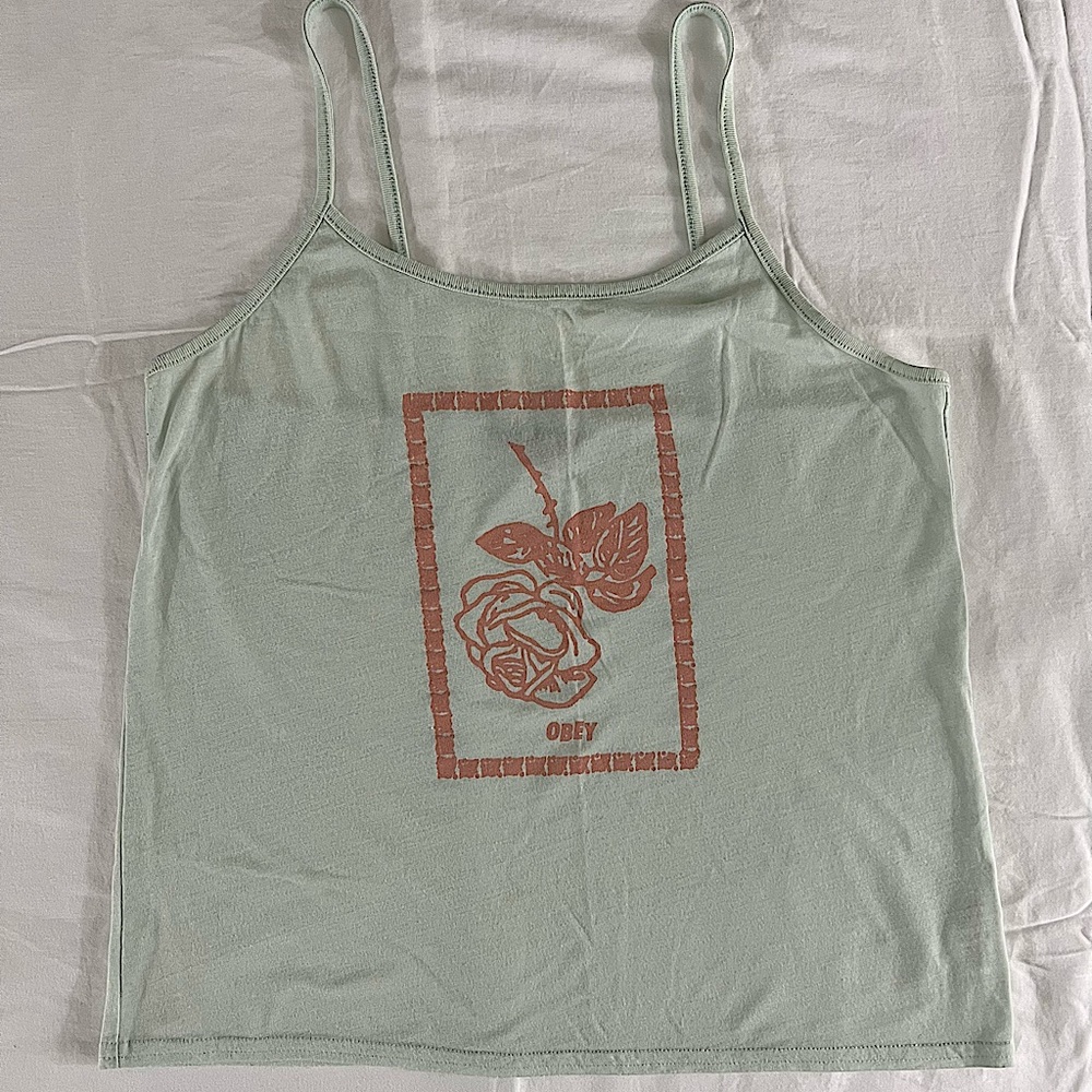 OBEY pink rose tank top. Baby blue color. Size large. Used.